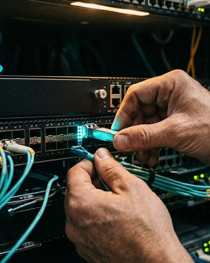Hands working on enterprise network equipment